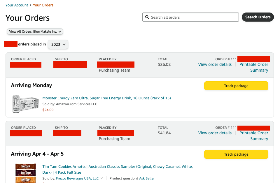 Redacted Screenshot of an Overview of Amazon Orders