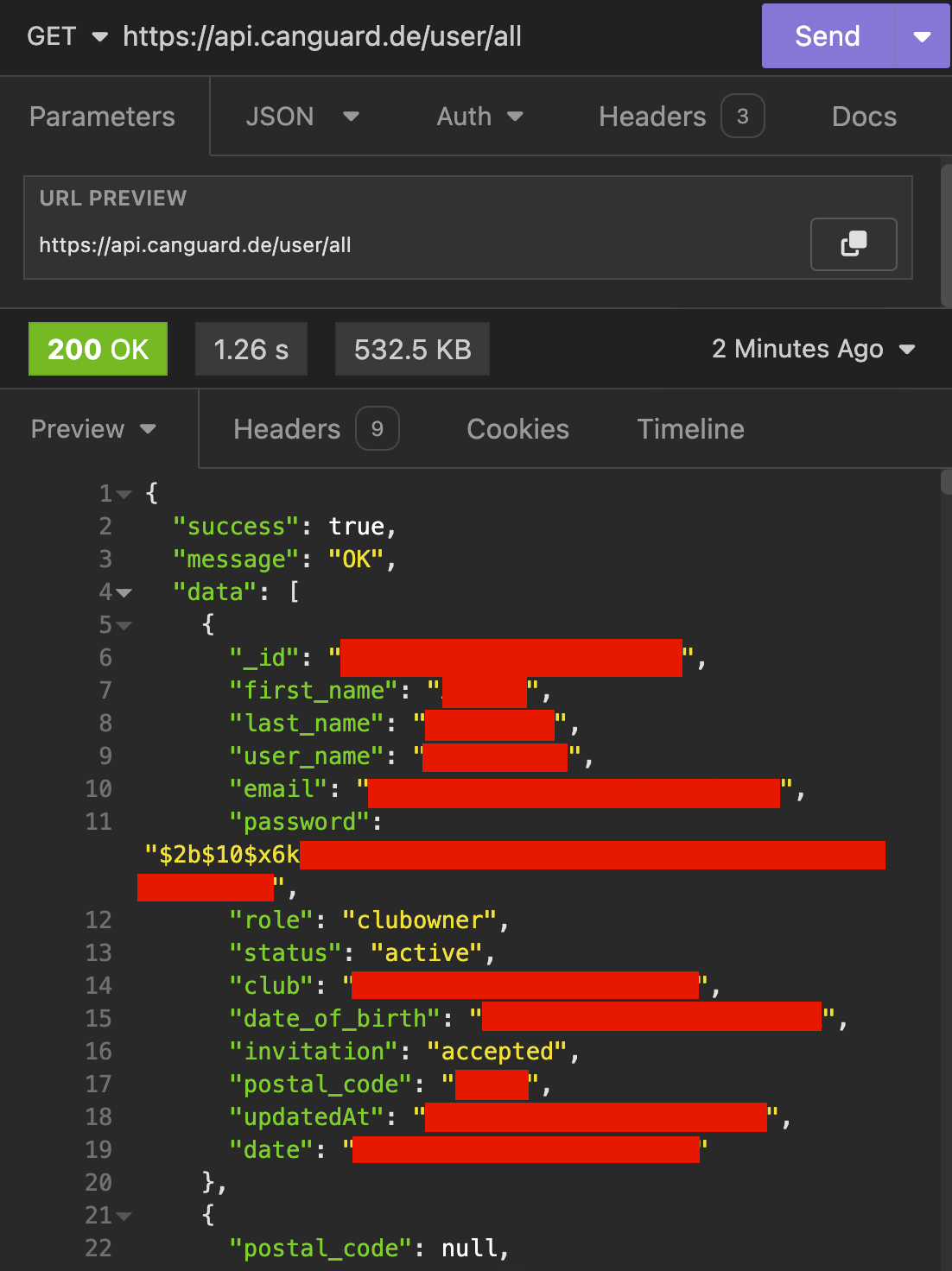 Screenshot: API-Anfrage nach /user/all, geschwärzte Daten im Format wie oben