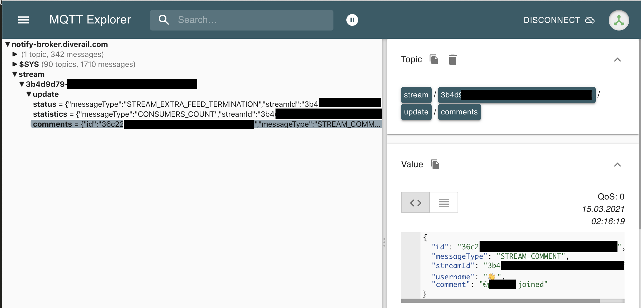 Screenshot von MQTT-Messages, wie z.B. dass eine Benutzer\*in den Raum betreten hat