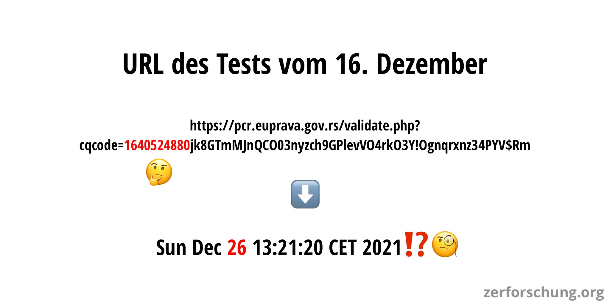 URL zur Verifikations-Website des Tests vom 16. Dezember, mit hervorgehobenem Abschnitt des Timestamps sowie die lesbare Repräsentation: Sonntag, 26. Dezember 2021 13:21:20 CET