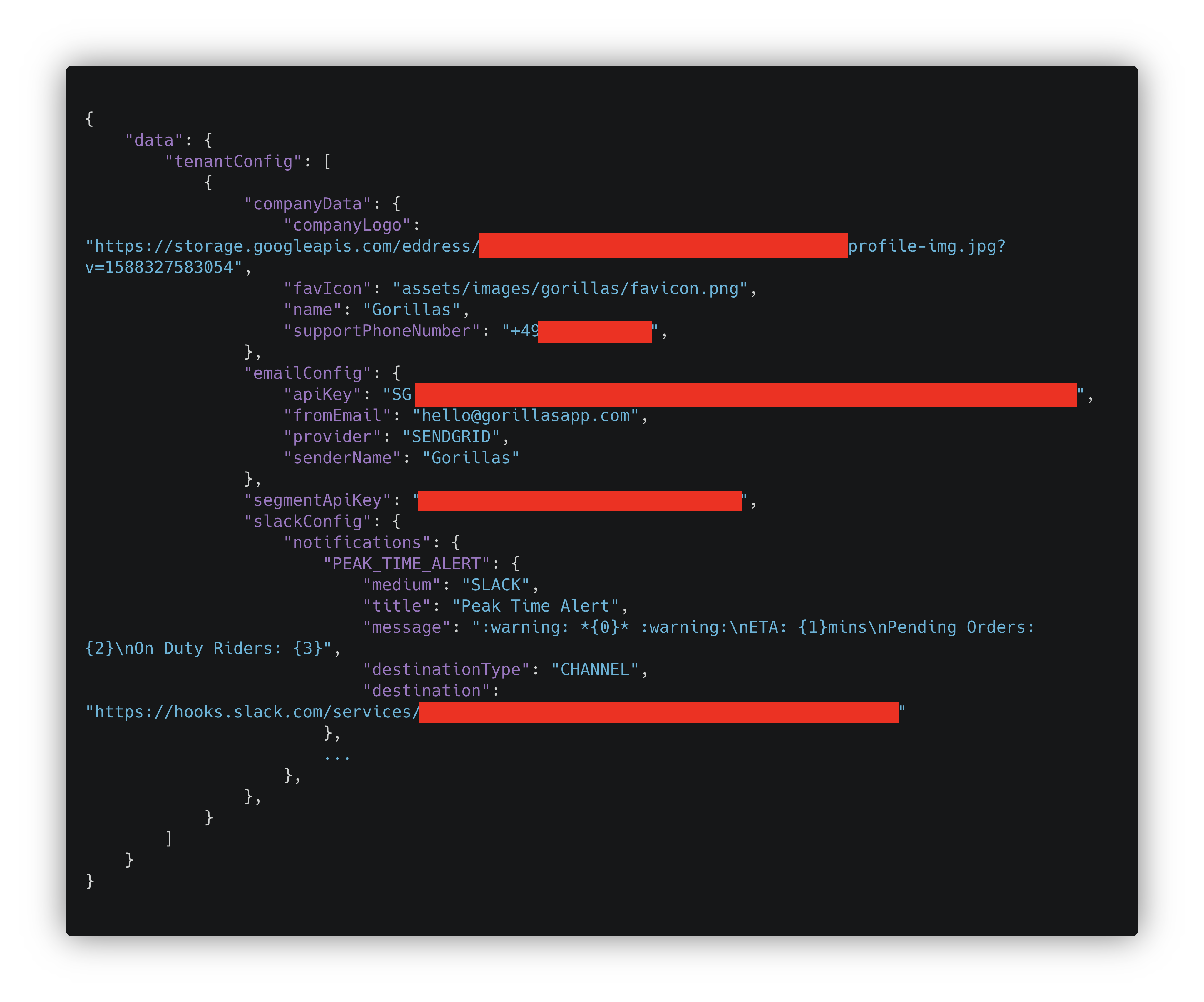 GraphQL API Response, the data shows objects like 'emailConfig' with apiKey, sender email address and 'slackConfig'