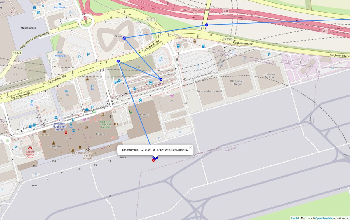 Messpunkt auf der Karte, direkt vor Terminal 4 des Stuttgarter Flughafens. Marker der die Uhrzeit anzeigt.