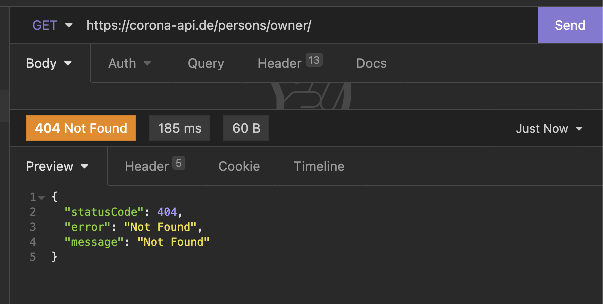 Ein Request an https://corona-api.de/persons/owner/, der mit einem 404 Not Found beantwortet wird