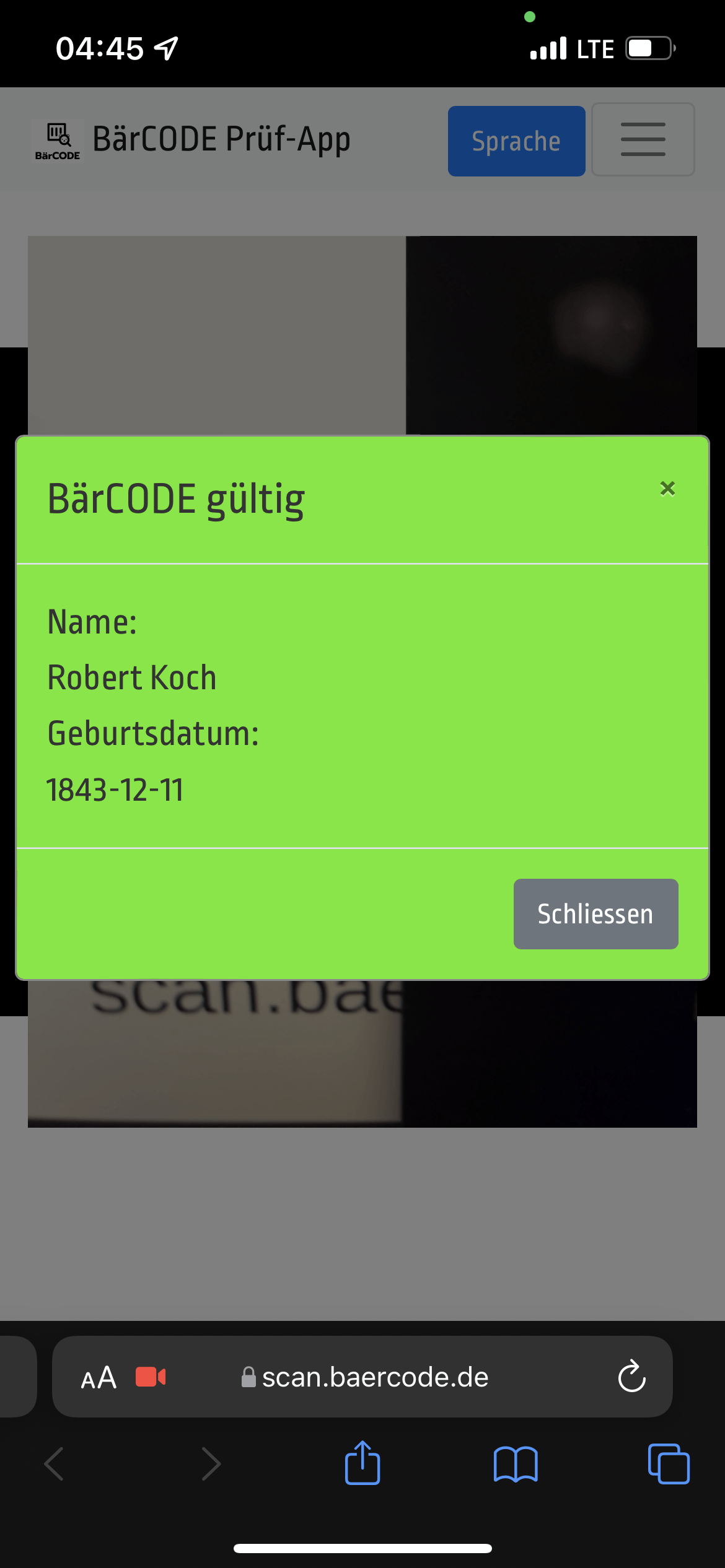 BärCODE-Validierungsseite zeigt &ldquo;BärCODE gültig&rdquo; für Robert Koch, geboren 1843