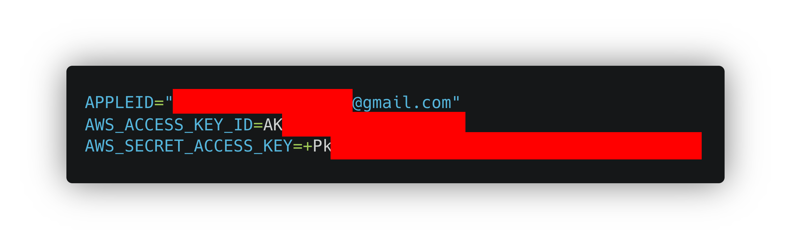 Inhalt der .env Datei, darin zu erkennen eine Gmail-Adresse als Apple-ID und ein AWS Secret Access Key
